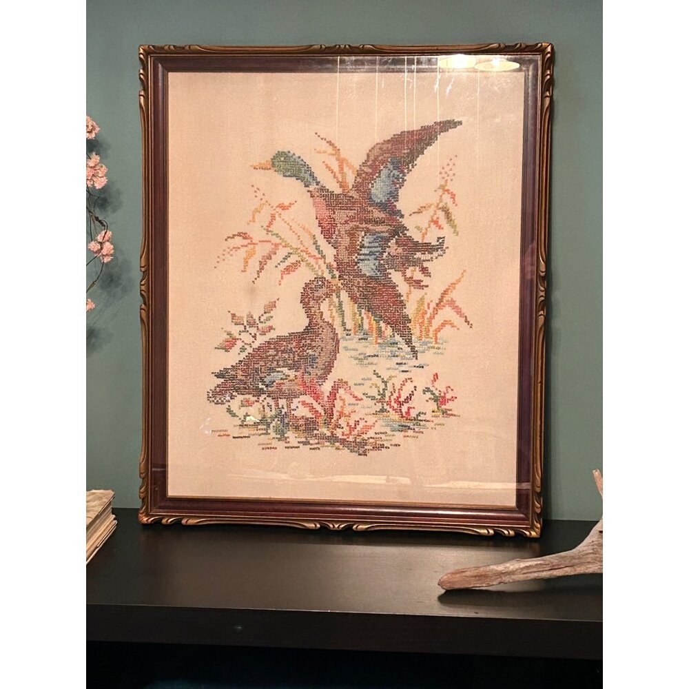 Antique T. Eaton Co. Framed Needlepoint Ducks Cross-Stitch Gilded Wood Ornate 27